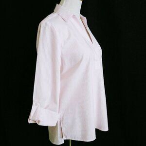 Jones NY Signature Pink Pinstripe Tunic Blouse Top M Roll Tab Slvs Cotton Nice